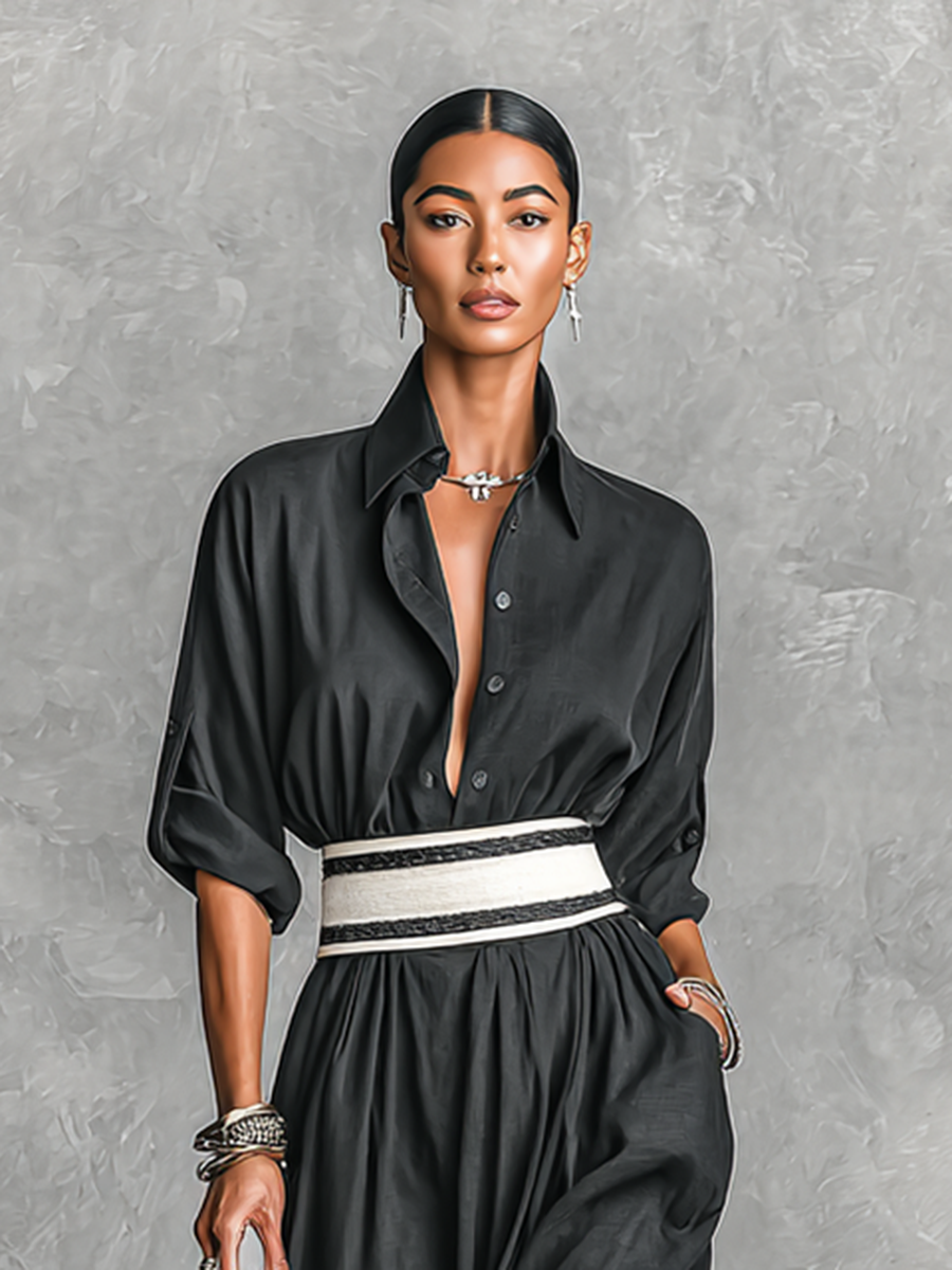 Women's Imitation Cupro Fabric Lapel Single-breasted Long-sleeved Waist Maxi Dress MDA2258G6Y