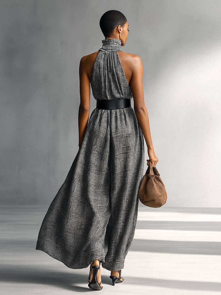 Women's Plaid High Collar Sleeveless Belted Maxi Dress MDA1002G2Y