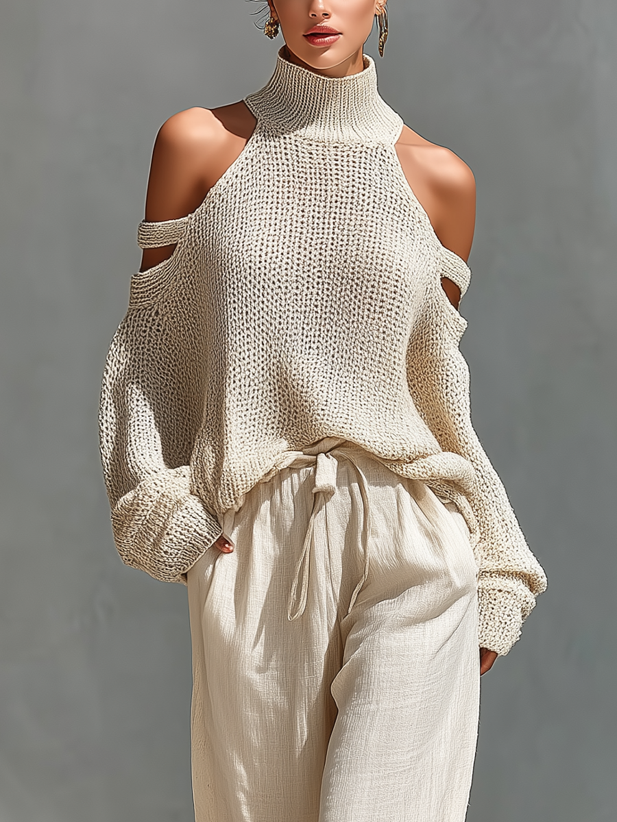 Women's Beige Knit Fabric Cold-Shoulder Turtleneck Top & Wide-Leg Pants Set