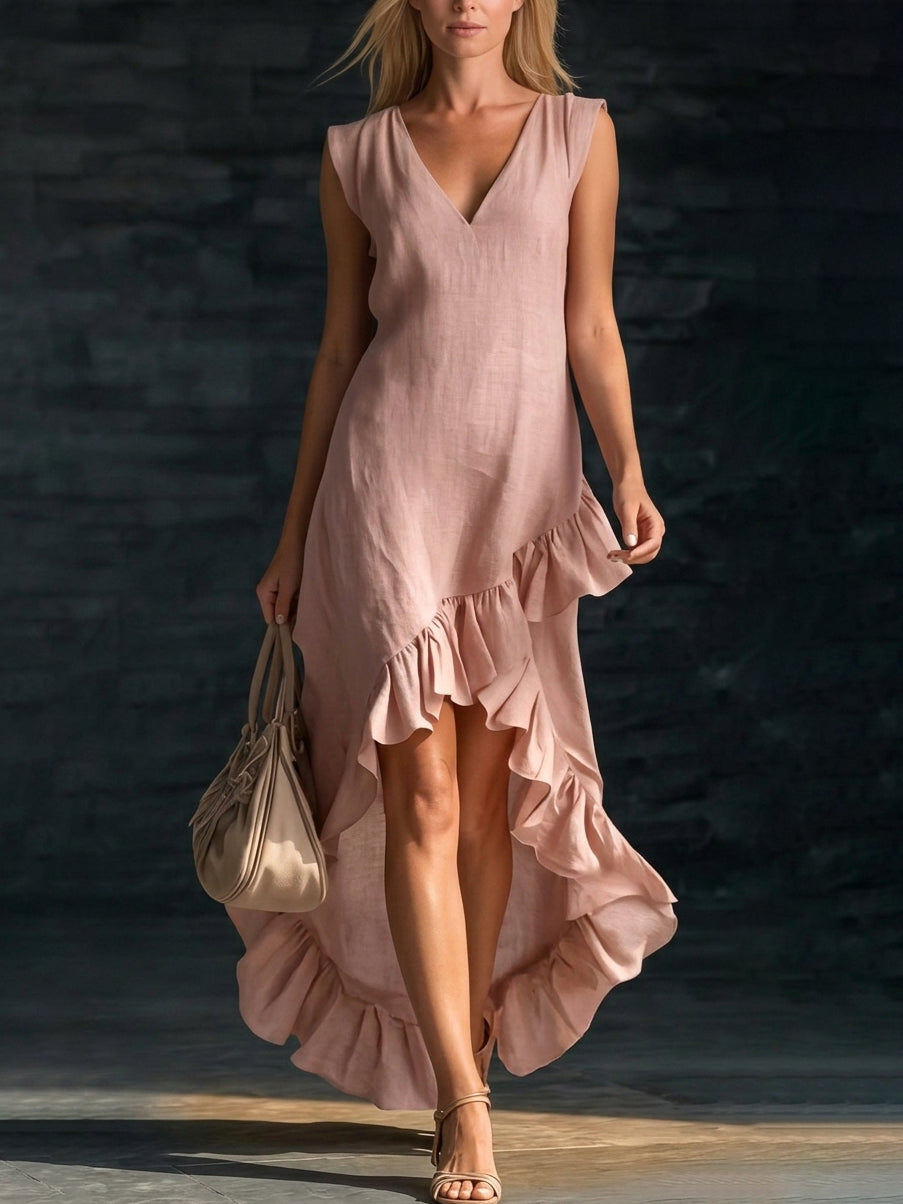 Romantic V-neck Ruffled Hem Linen-cotton Maxi Dress