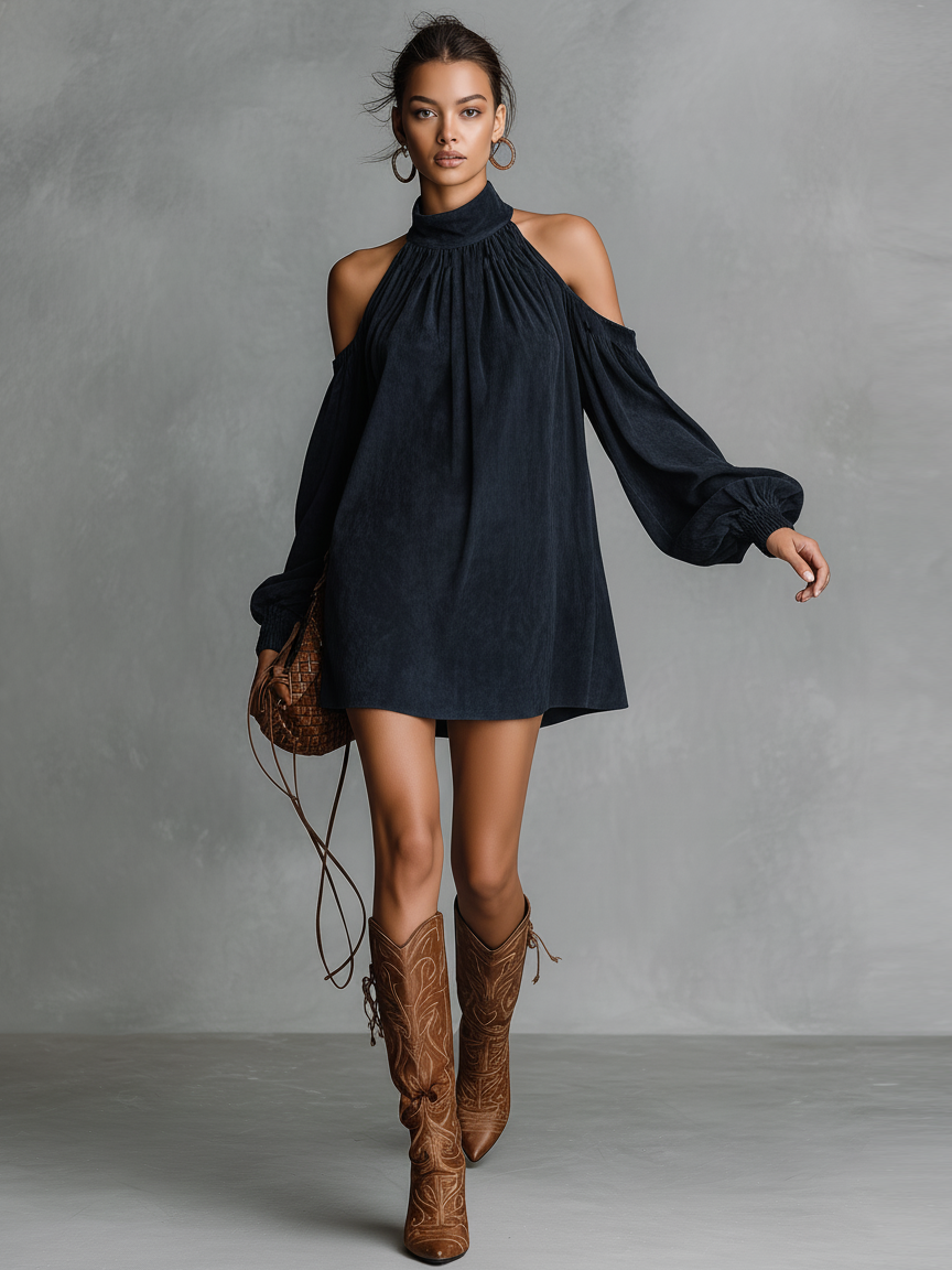 Women's Loose-fitting Faux Suede Halter Neck Semi-high Collar Lantern Sleeve Mini Dress MDA3118J4Y