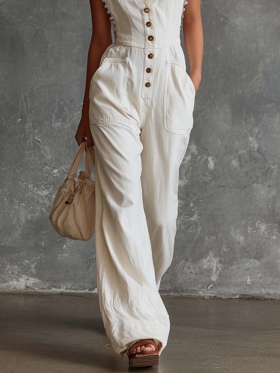 Elegant Vintage Western V-neck Front Buttons Lace Trim White Cotton Jumpsuit