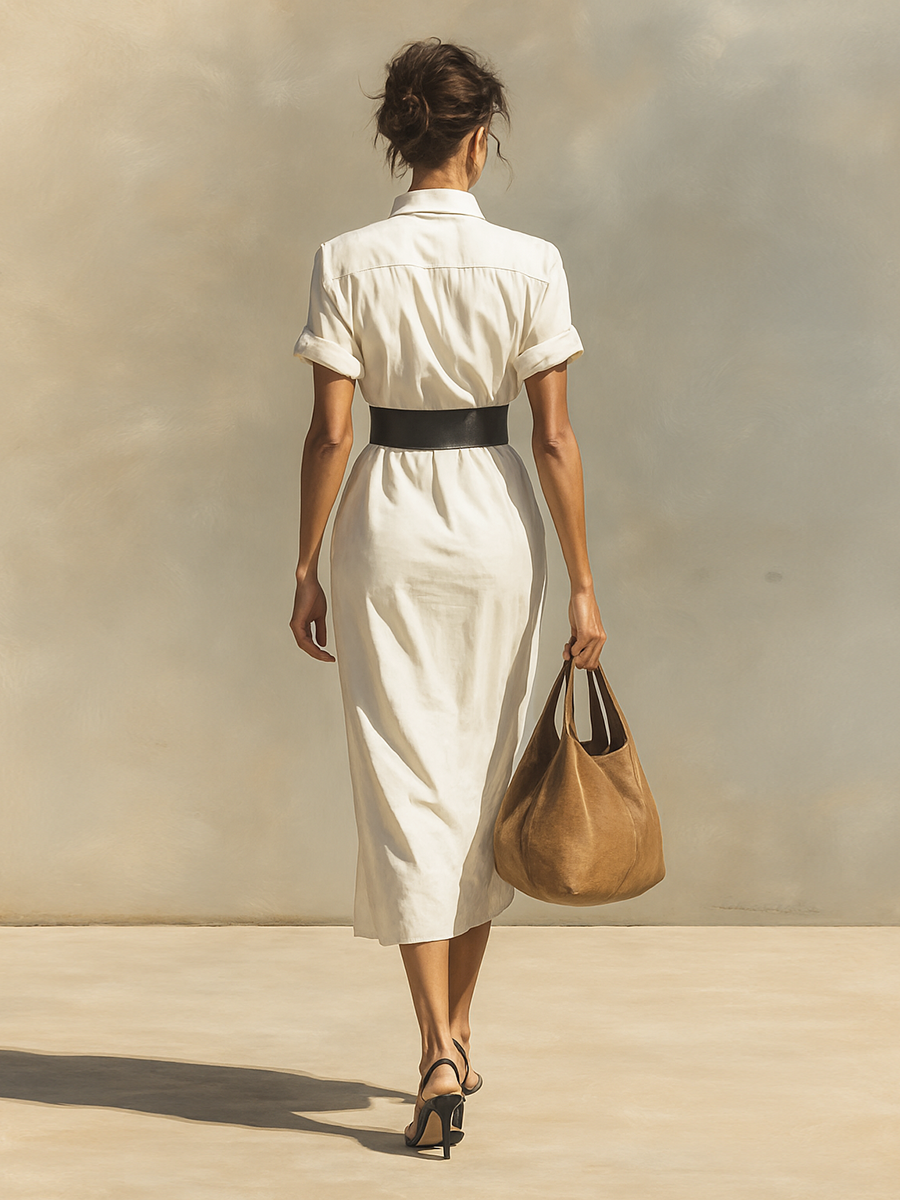 Ladies Solid Color Lapel Short Sleeve Belt Midi Dress MDA0999G0Y