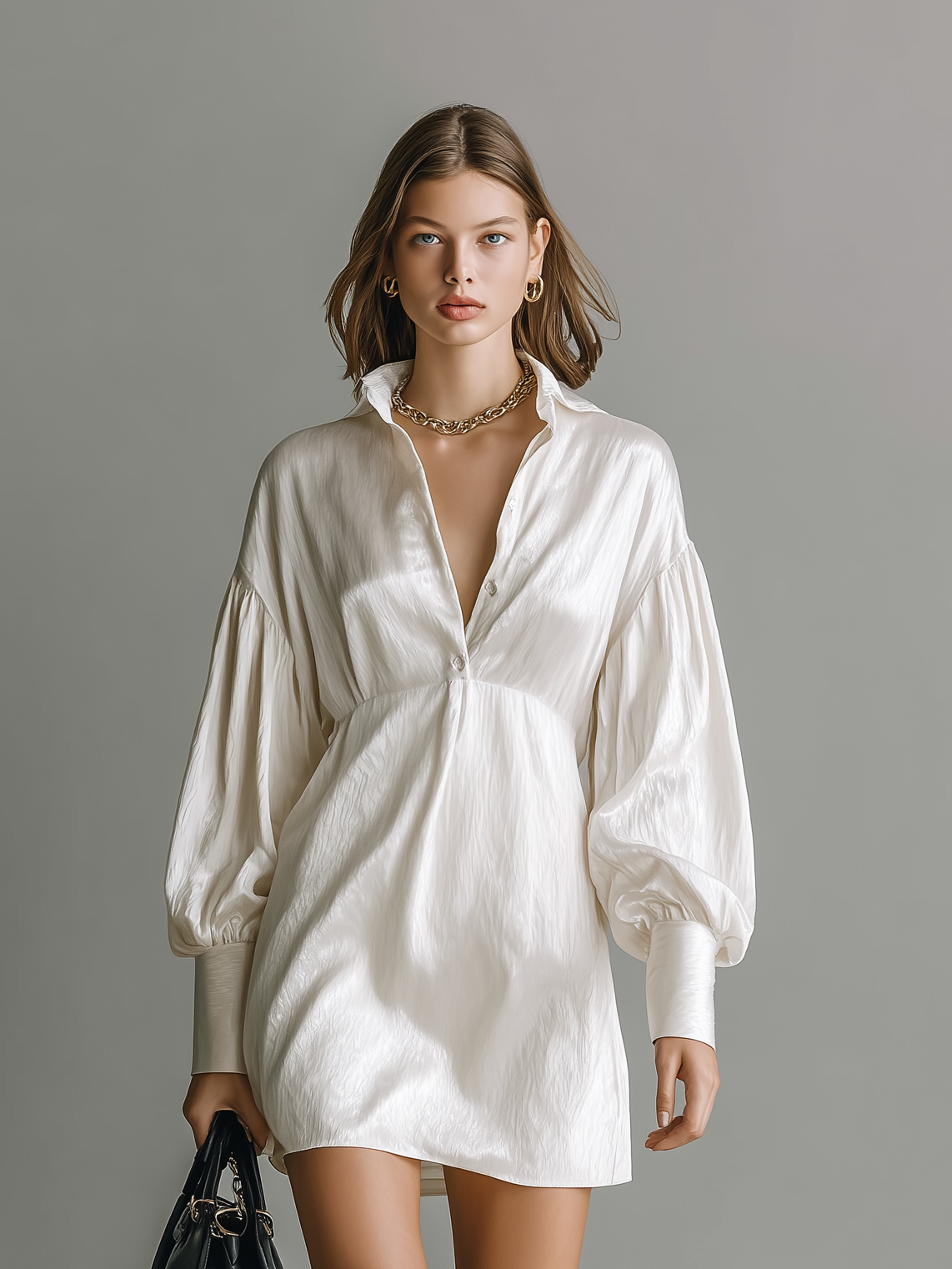 Women's Elegant, Sophisticated, And Versatile Pearl White Satin Long-sleeved Short Shirt Collar Button Dress MDA2219K2AN