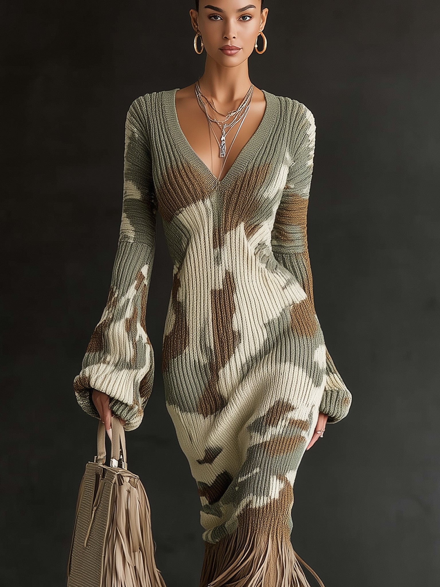 Olive Camo Knit Fringe Hem Long Sleeve Midi Dress