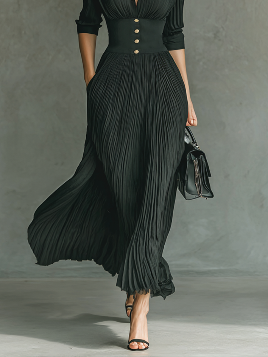 Women's Solid Color Pleated Lapel Waist Long Sleeve Maxi Dress MDA0826G1Y