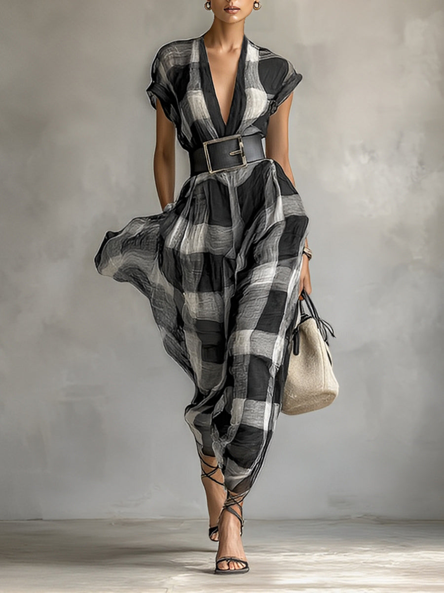 Women's Linen Blend Plaid V-neck Cap Sleeve Belt Maxi Dress MDA1915G6Y