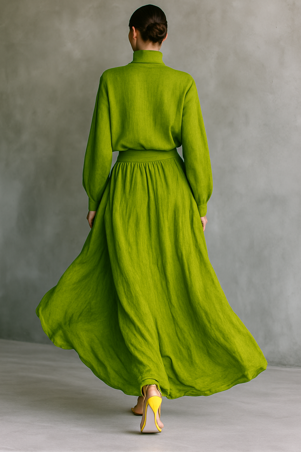 Women's Green Turtleneck Cotton And Linen Blend Suit