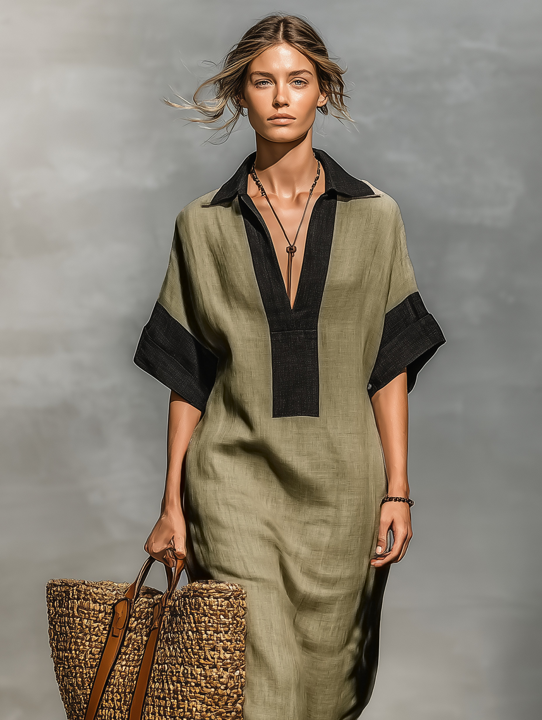 Women's Minimalist Linen Blend Color-blocked Short-sleeved Maxi Dress MDZ0917A4Y