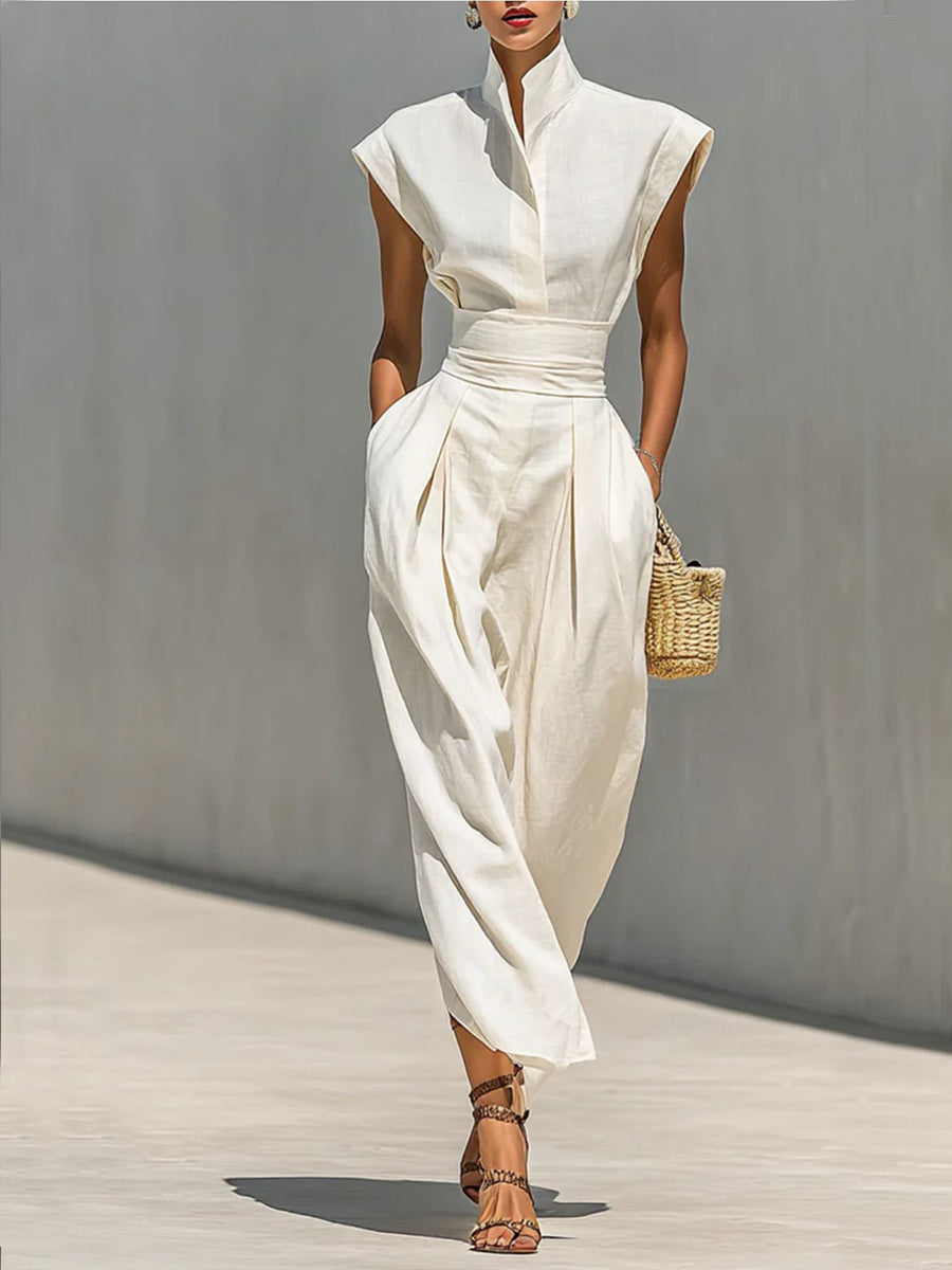 Waist-cinching Linen And Cotton Sleeveless Dress