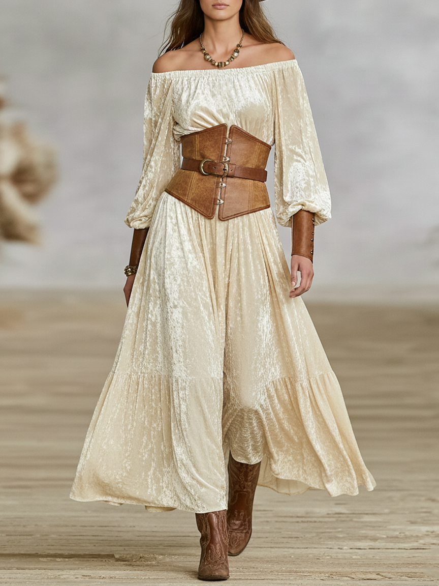 Women's Loose-fitting Velvet Off-shoulder Long-sleeved Maxi Dress With Faux Leather Cuffs (waist Cincher Not Included)MDA1307K2Y