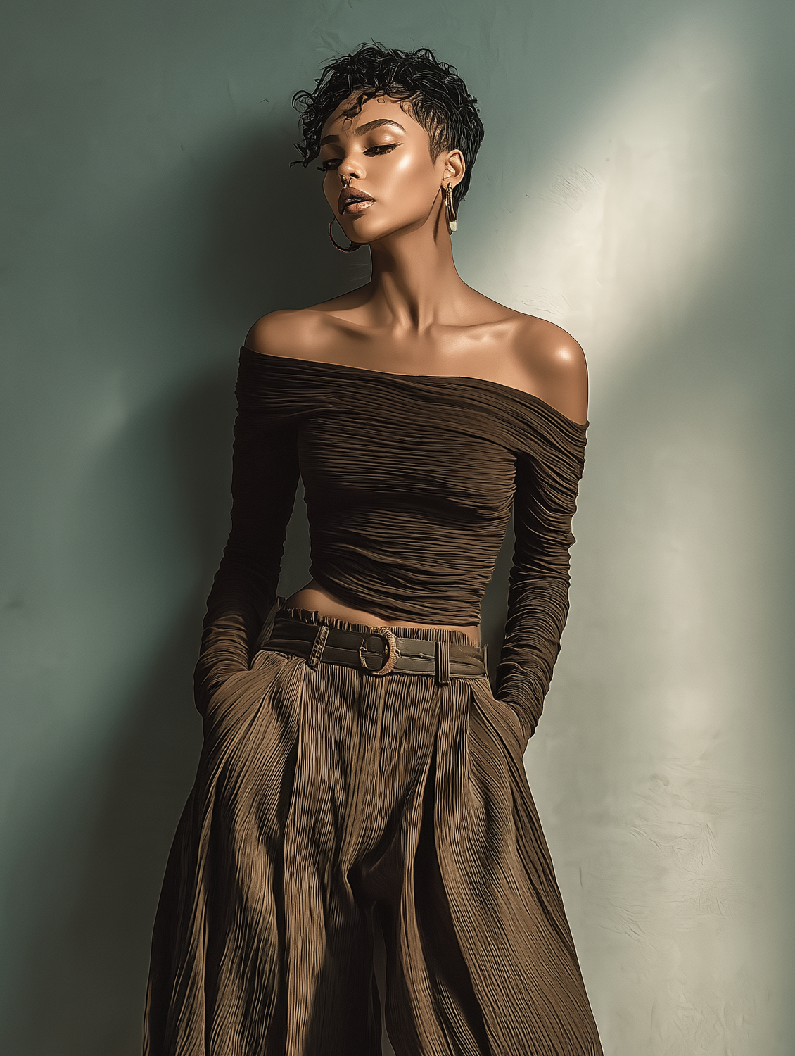 Women's Fashionable And Sexy Dark Brown Off-the-shoulder Long-sleeved Fitted Top Paired With Matching Wide-leg Trousers (belt Not Included) MDA1455K9AN