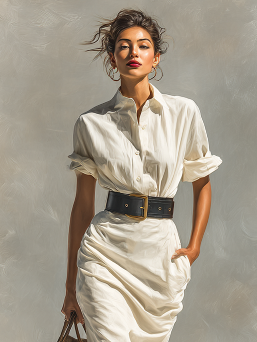 Ladies Solid Color Lapel Short Sleeve Belt Midi Dress MDA0999G0Y