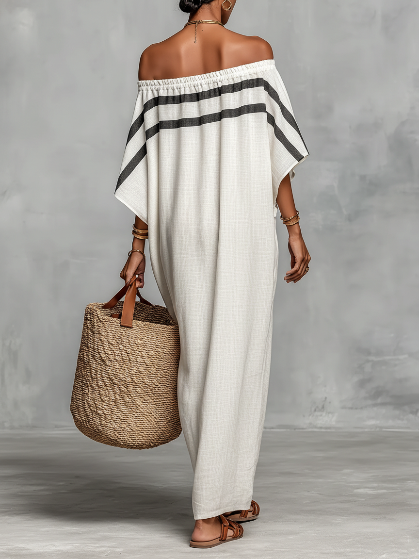 Women's Minimalist Linen Blend Off-the-shoulder Batwing Sleeve Straight-cut Maxi Dress MDZ0949A8Y