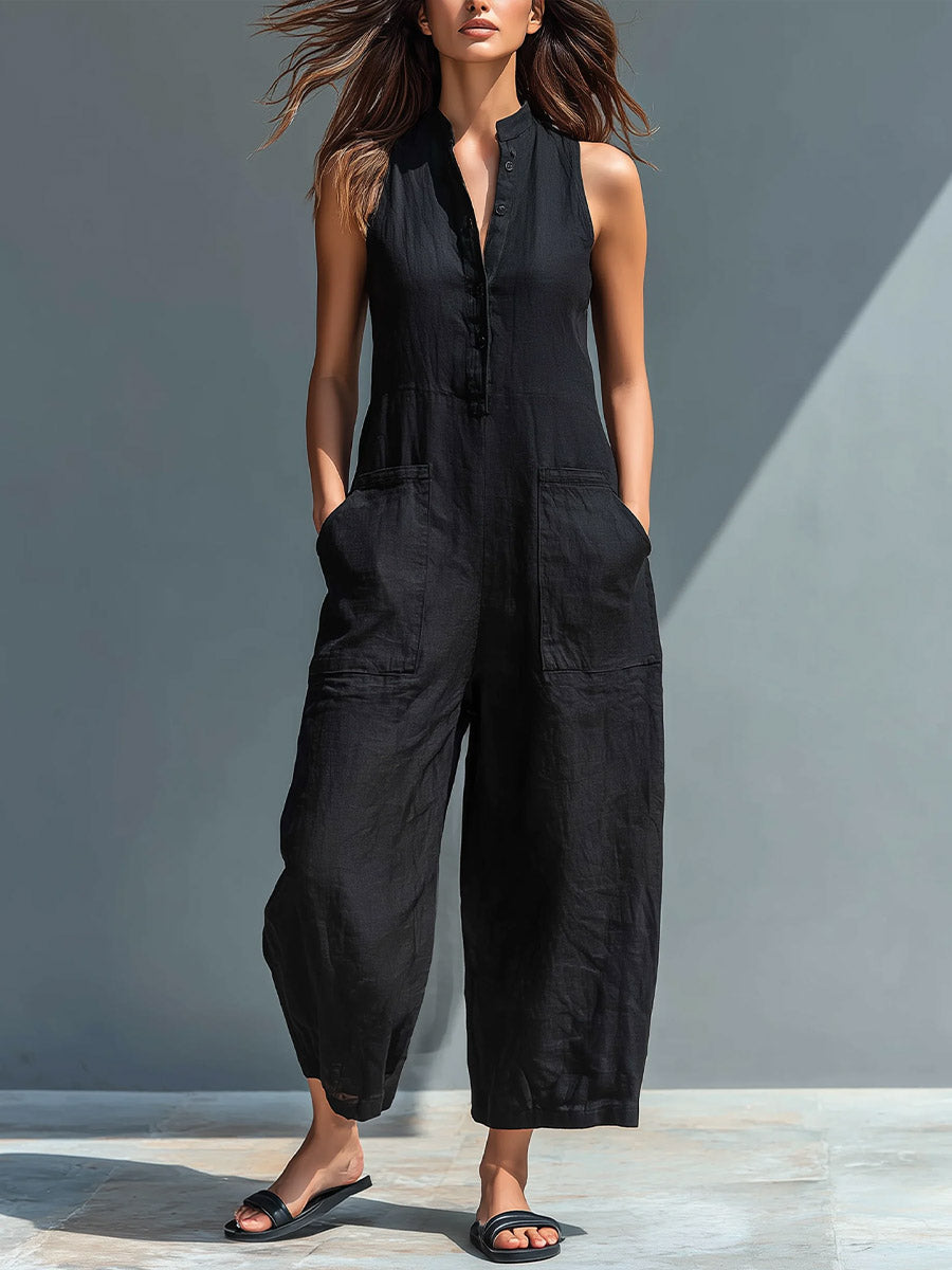 Women's V-neck Sleeveless Casual Loose Linen Jumpsuit