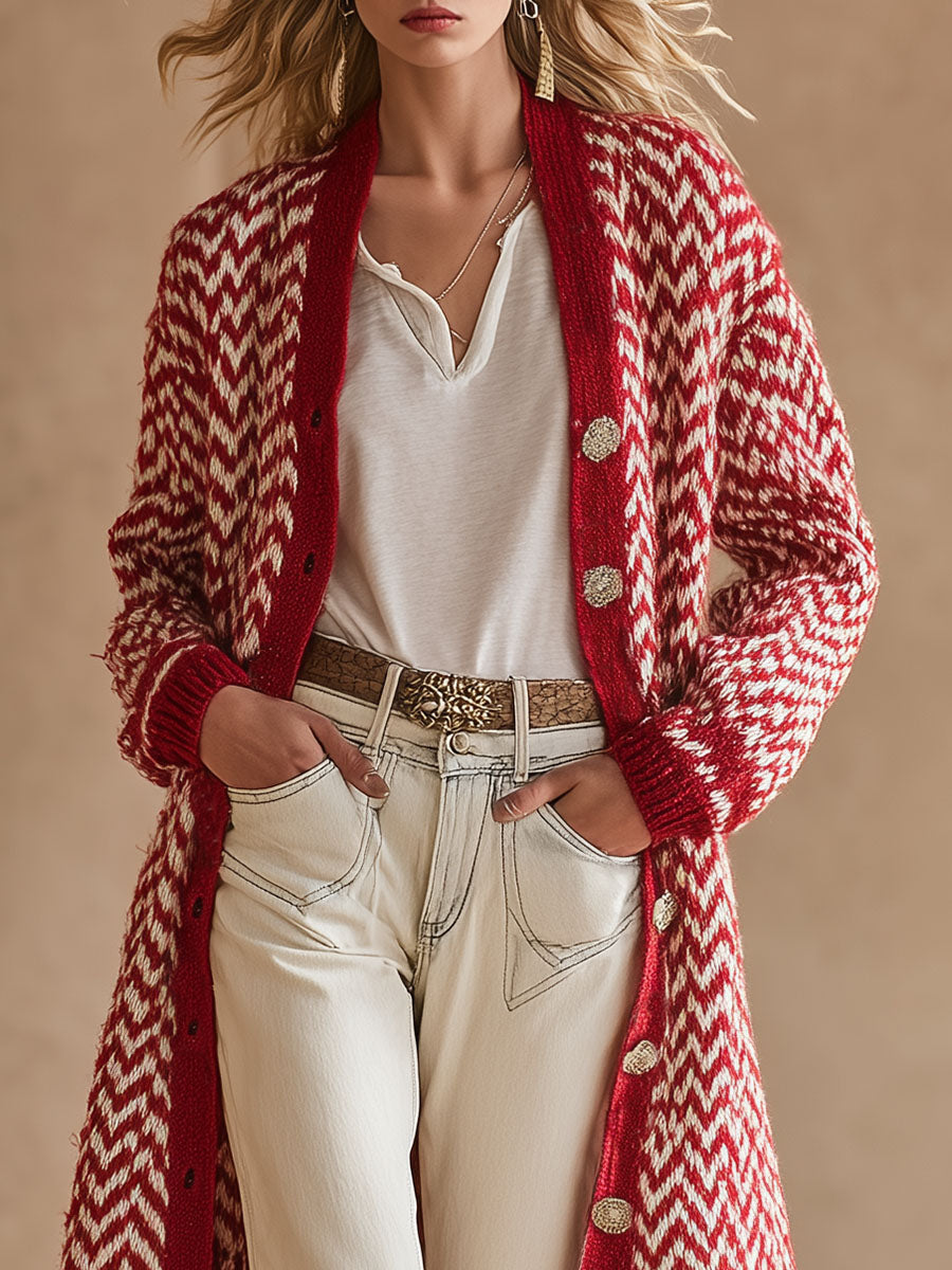 High-end Fashionable Red Herringbone Knitted Mid-length Cardigan
