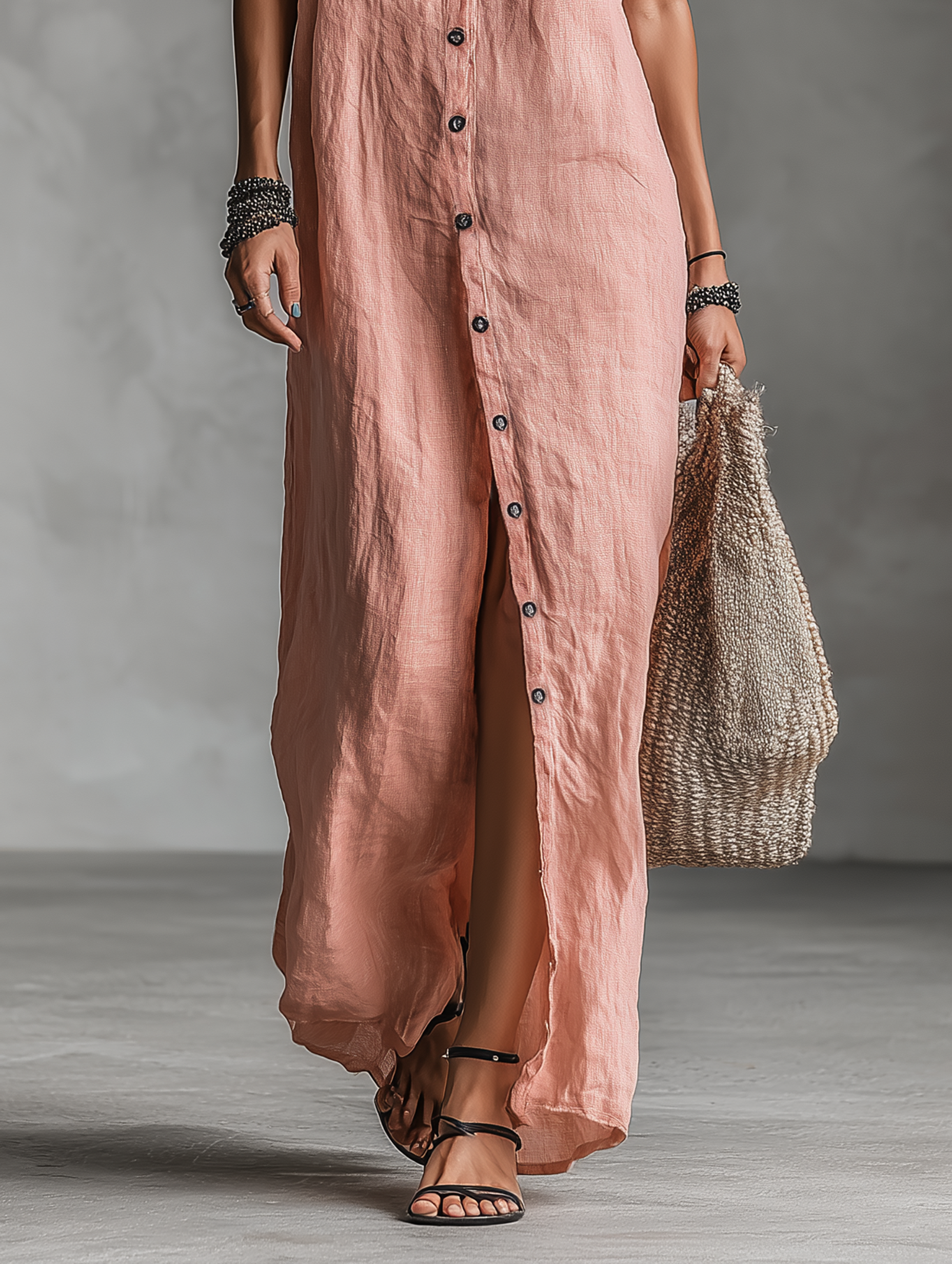 Women's Minimalist Linen Blend Hooded Single-breasted Sleeveless Maxi Dress MDZ3174A7Y