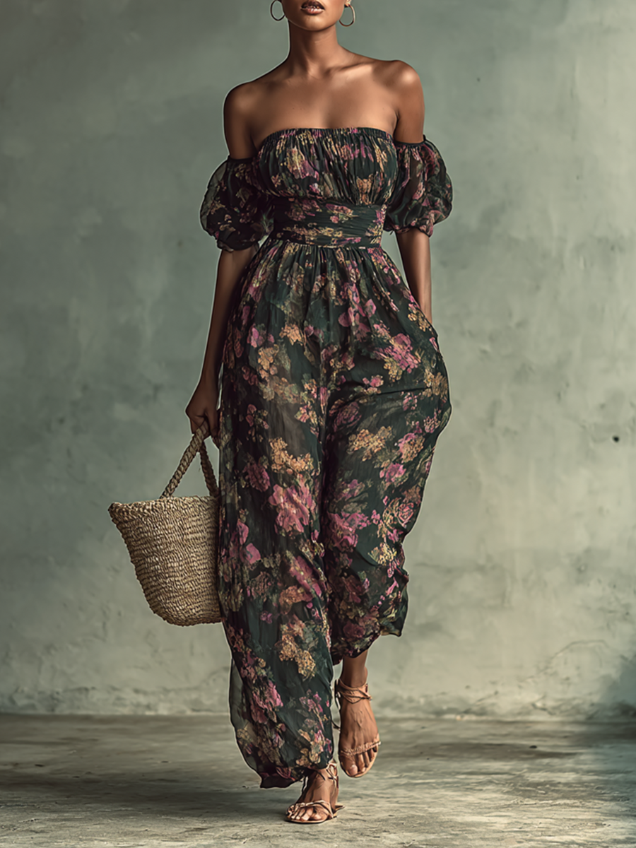 Women's Chiffon Floral Print Bandeau Short Sleeve Waist Jumpsuit MDA1152G0Y