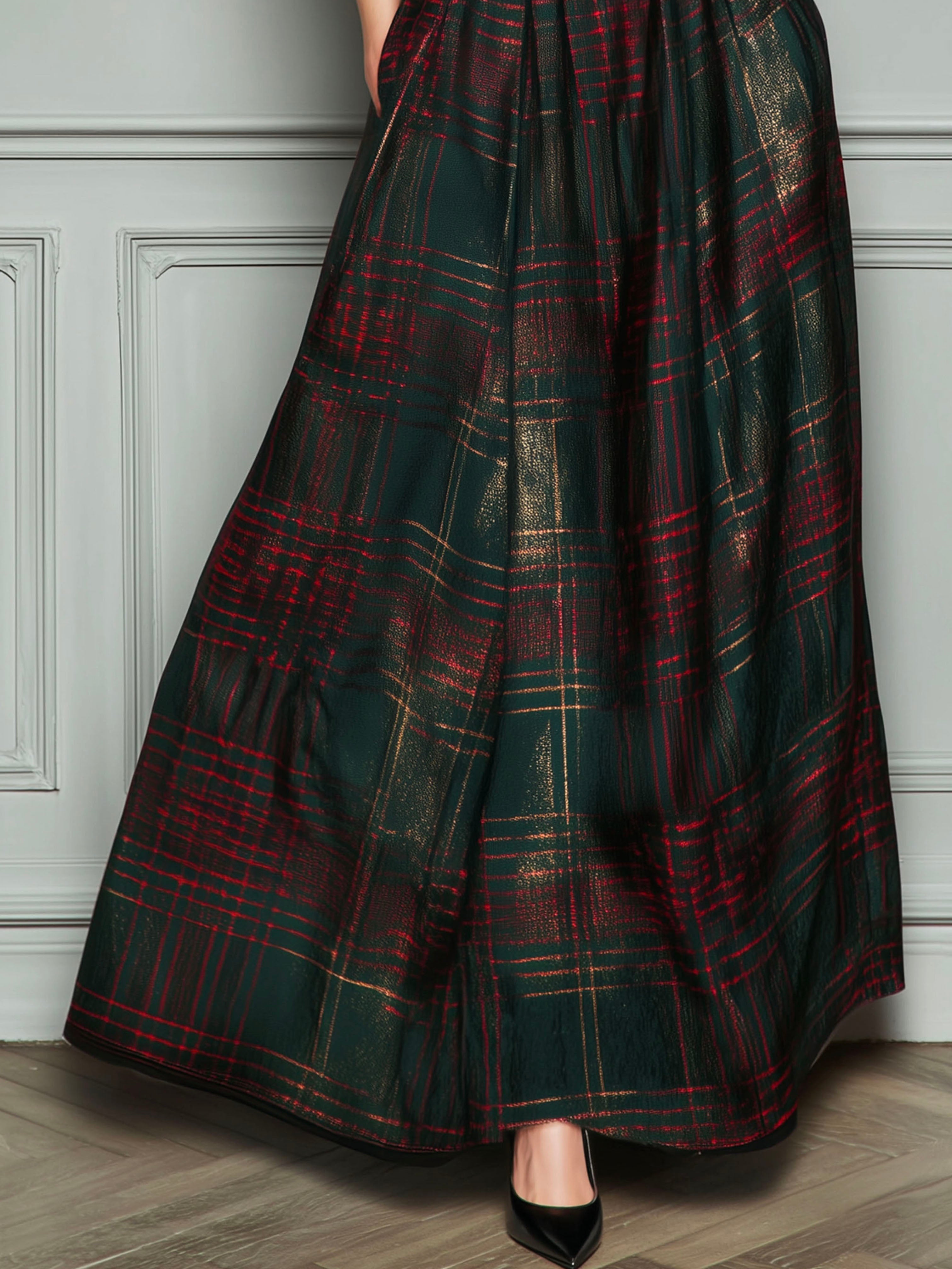 Elegant High Waist Velvet And Plaid Evening Gown With Full Skirt
