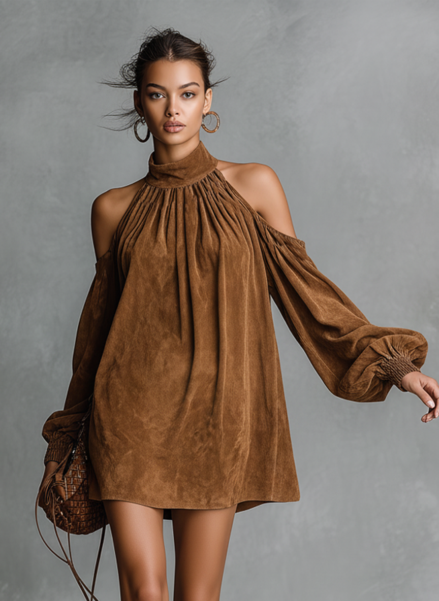 Women's Loose-fitting Faux Suede Halter Neck Semi-high Collar Lantern Sleeve Mini Dress MDA3118J4Y