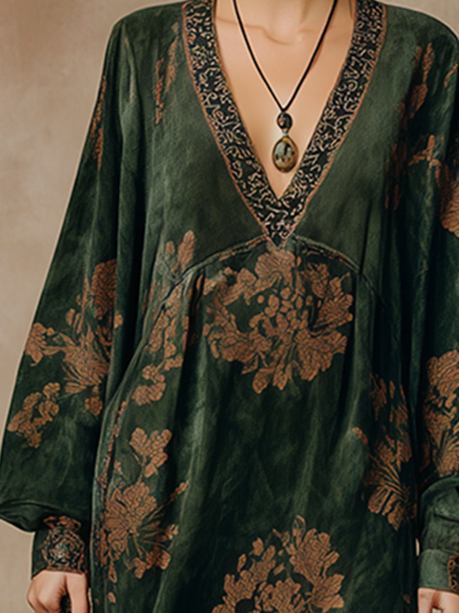 Retro Silhouette Printed Green Faux Suede Tassel Maxi Dress