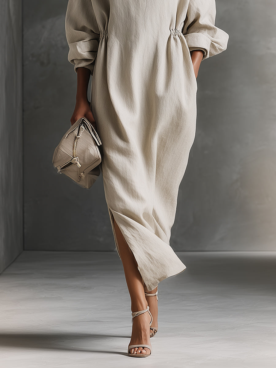 Women's Beige Relaxed Cotton Drawstring - Detail Maxi Dress