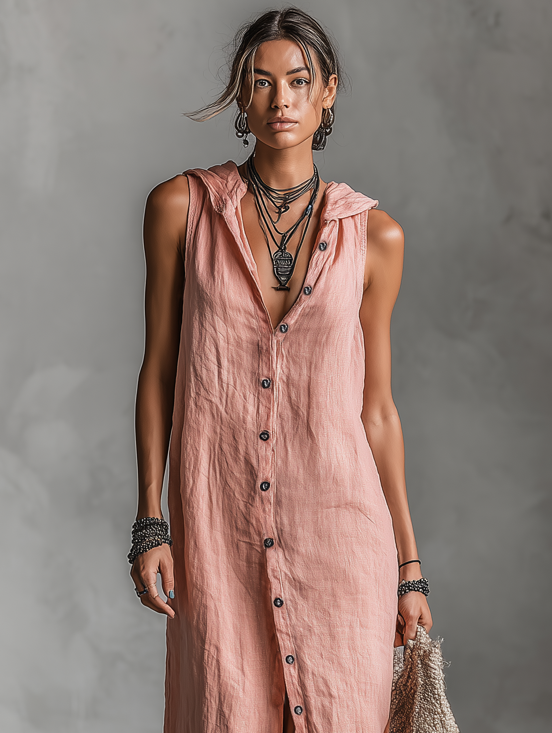 Women's Minimalist Linen Blend Hooded Single-breasted Sleeveless Maxi Dress MDZ3174A7Y