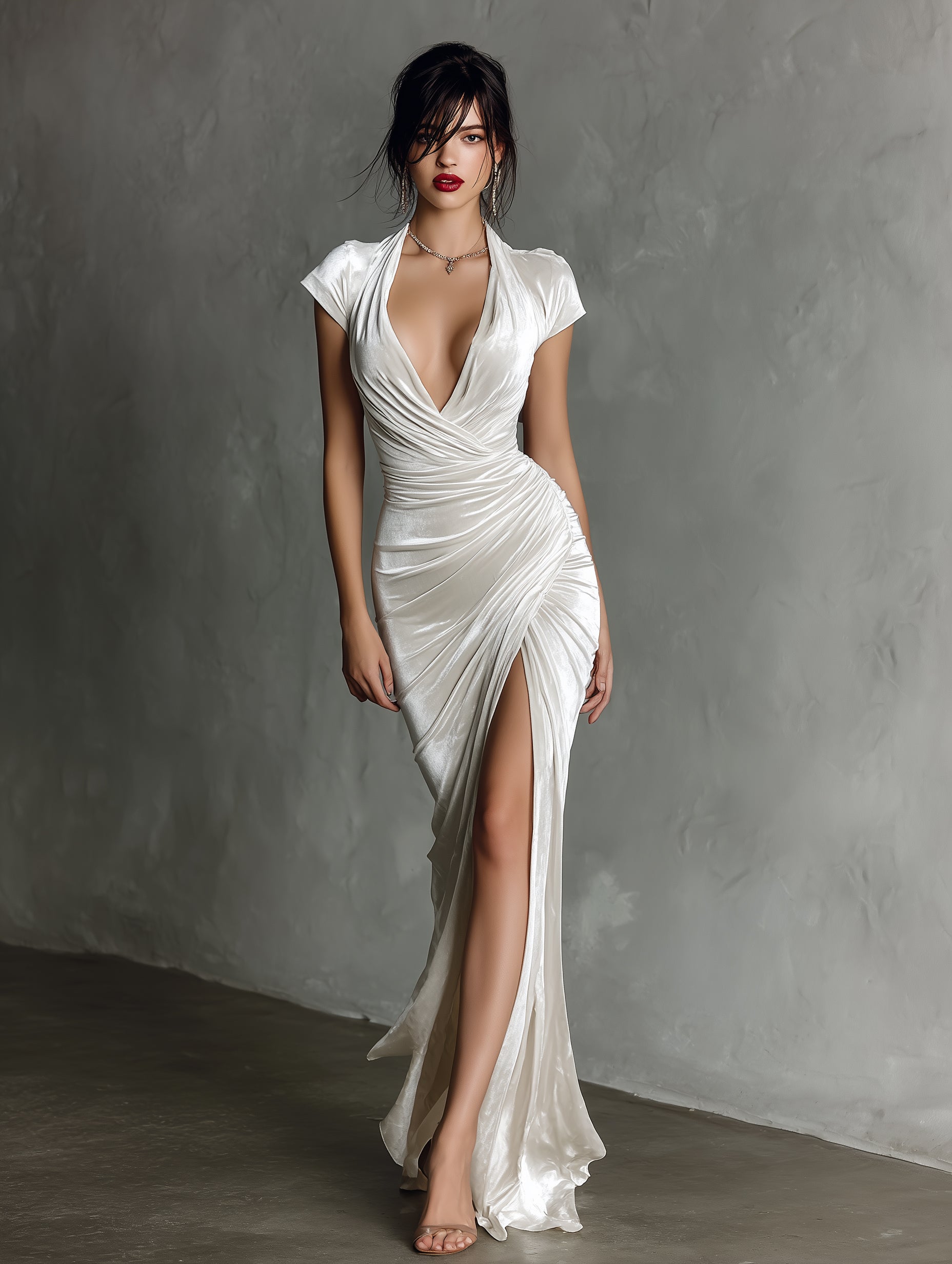 Women's Elegant And Fashionable White Velvet V-neck Short-sleeved Fitted Long Dress With Ruched Waist And Front Slit MDA2776K4AN