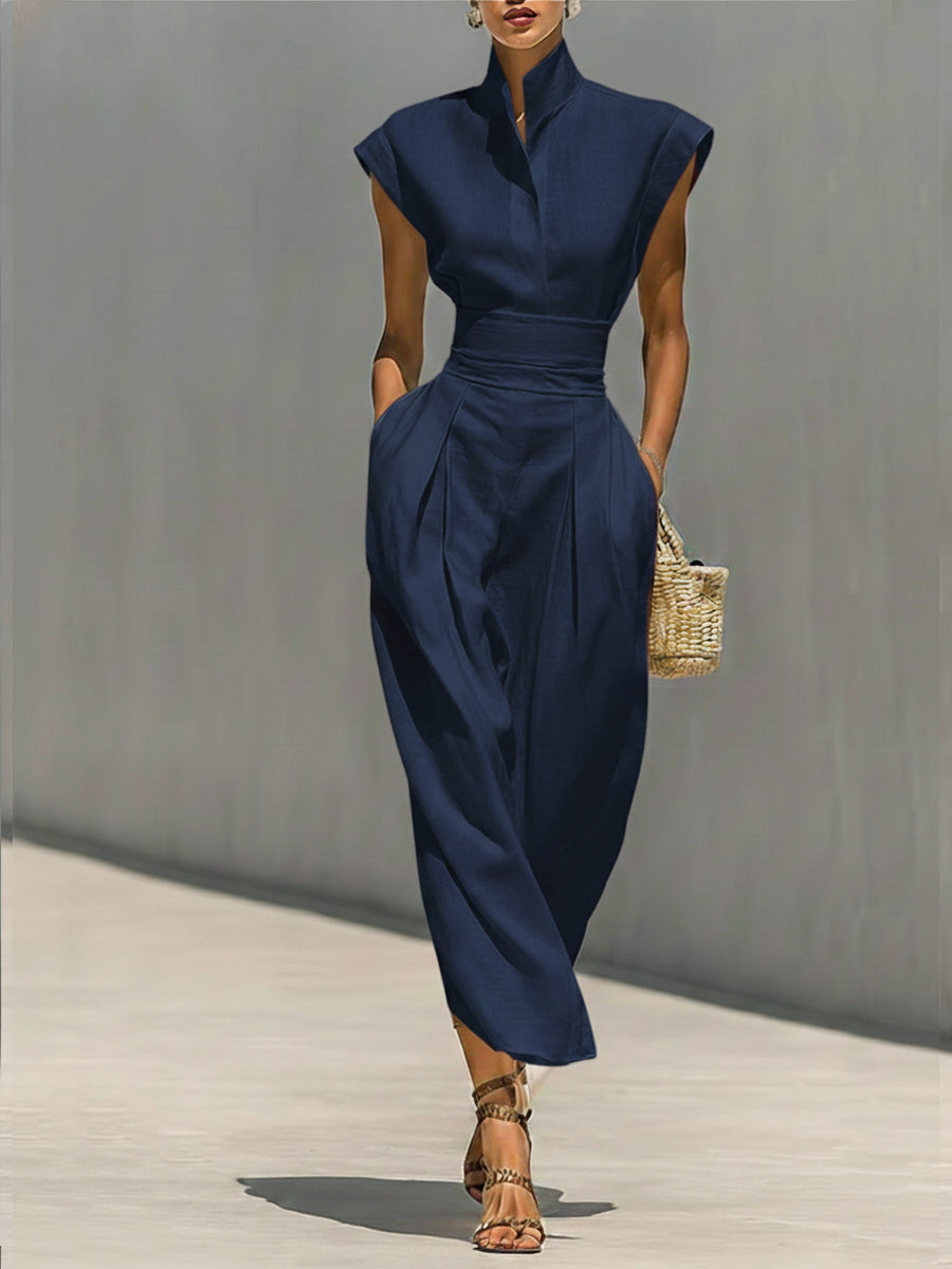 Waist-cinching Linen And Cotton Sleeveless Dress