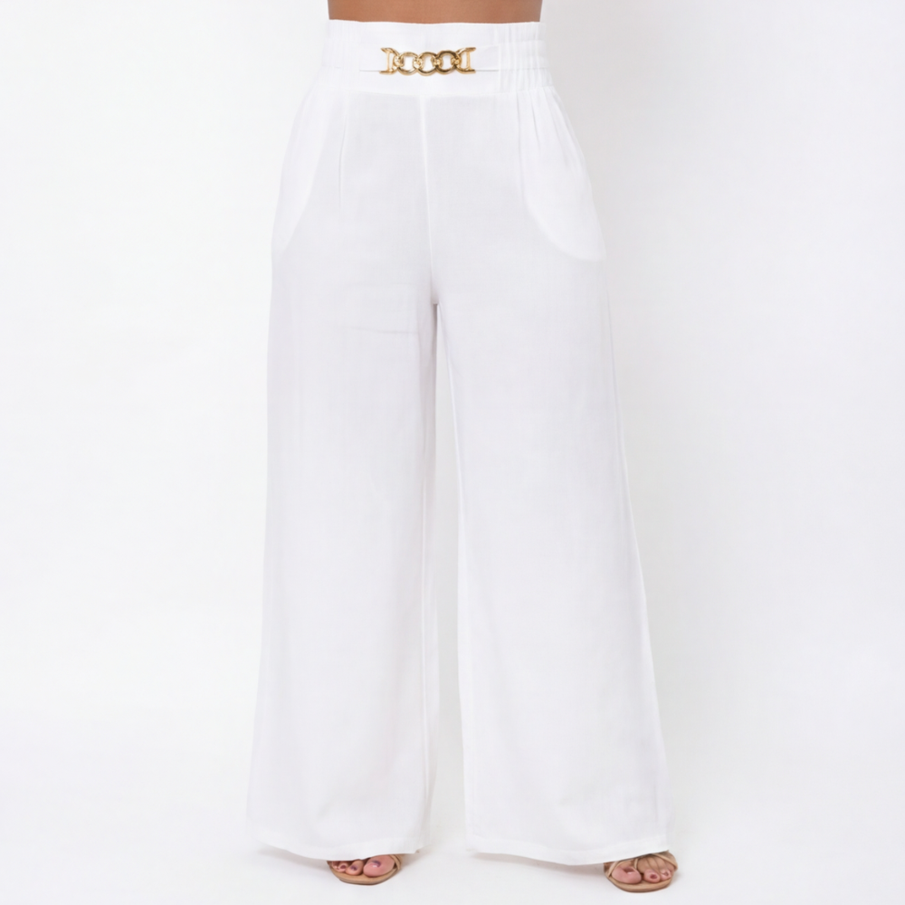 Florena Wide Leg Trousers | High Waist with Gold Chain Accent