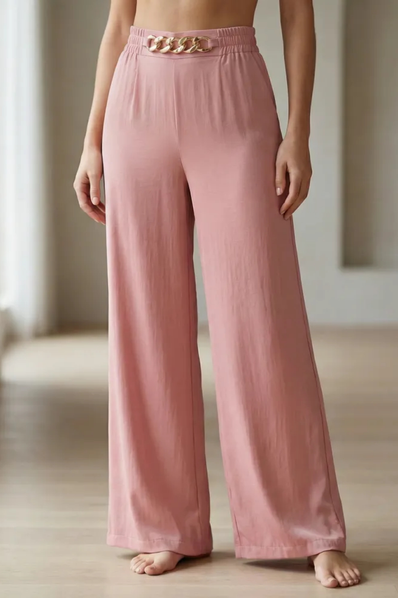 Florena Wide Leg Trousers | High Waist with Gold Chain Accent