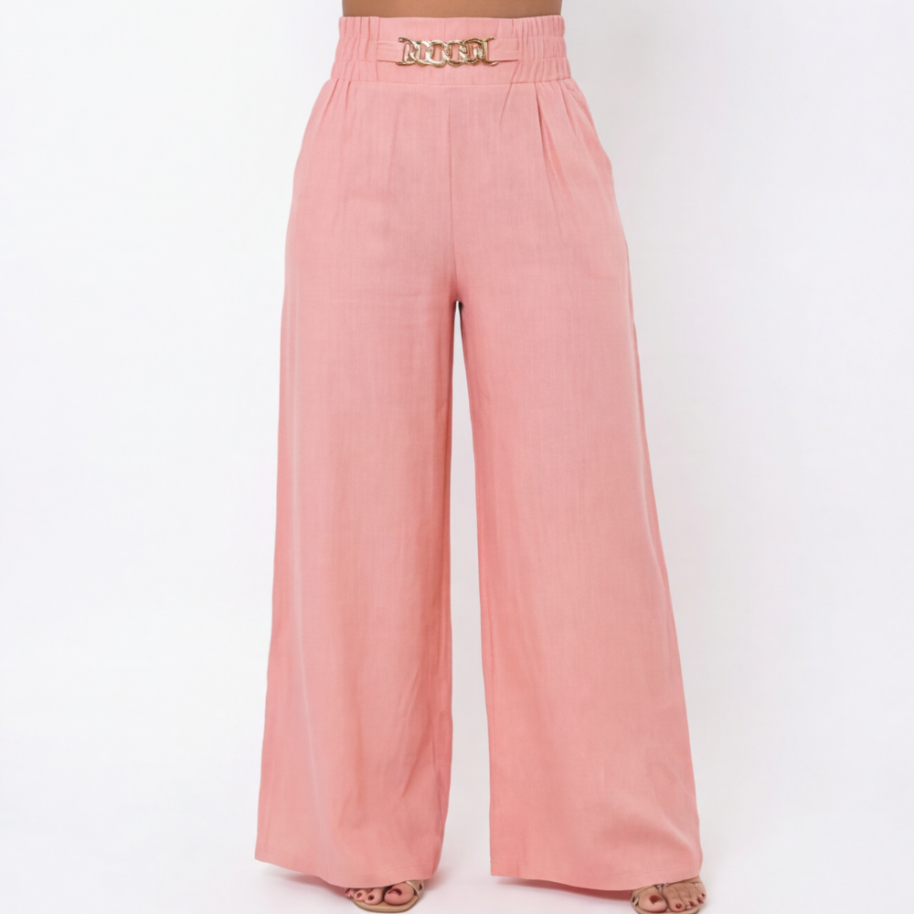 Florena Wide Leg Trousers | High Waist with Gold Chain Accent