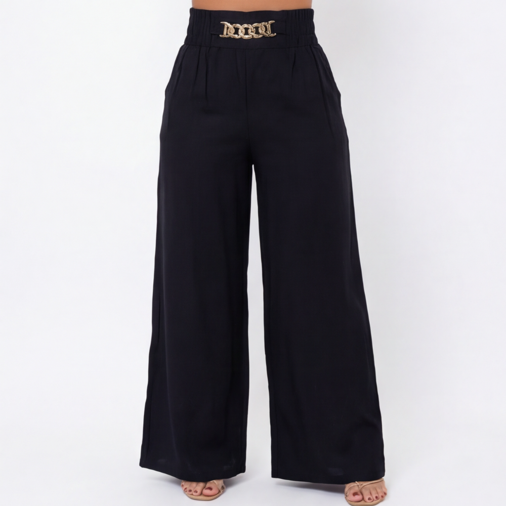Florena Wide Leg Trousers | High Waist with Gold Chain Accent