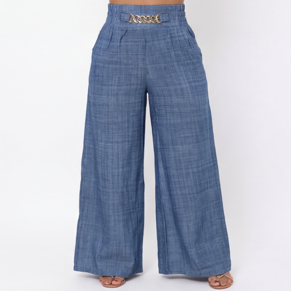 Florena Wide Leg Trousers | High Waist with Gold Chain Accent