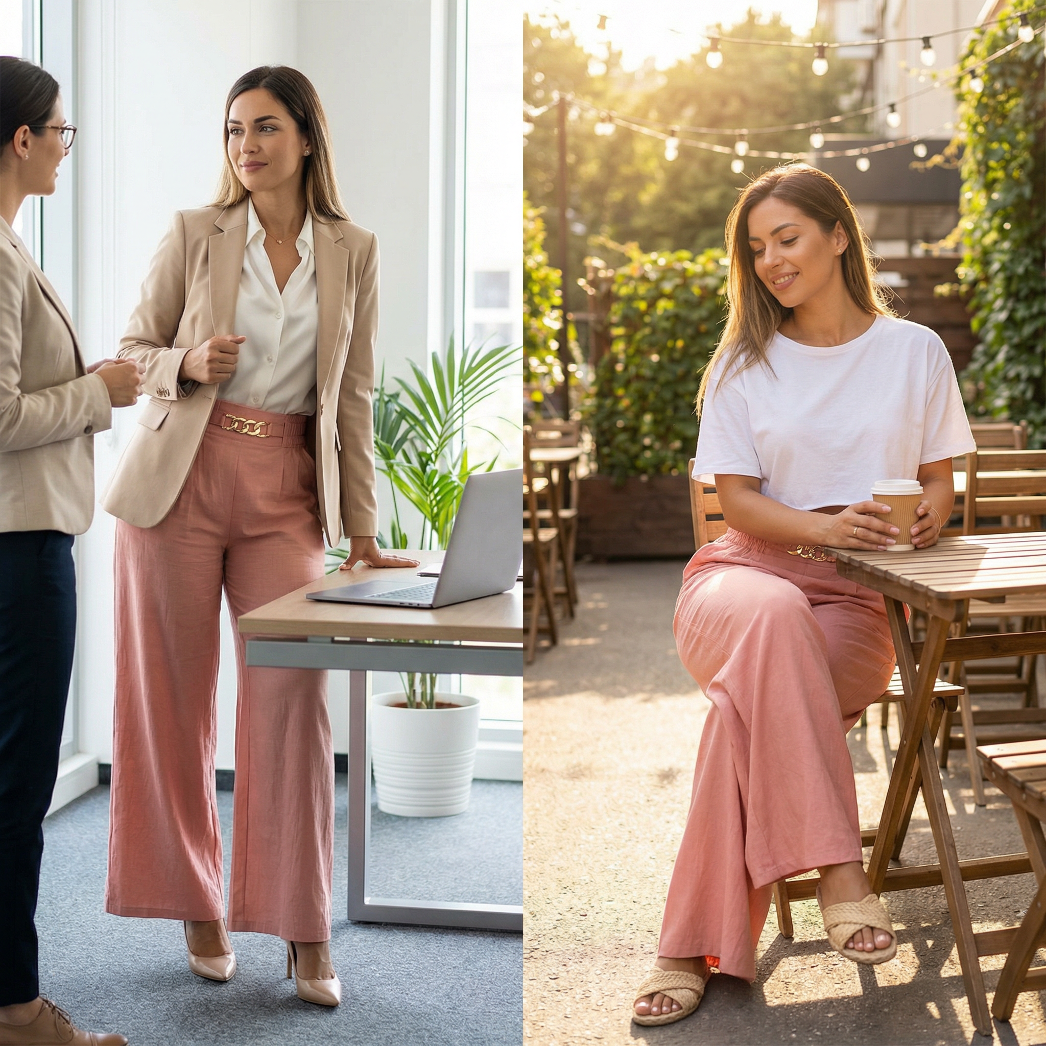 Florena Wide Leg Trousers | High Waist with Gold Chain Accent