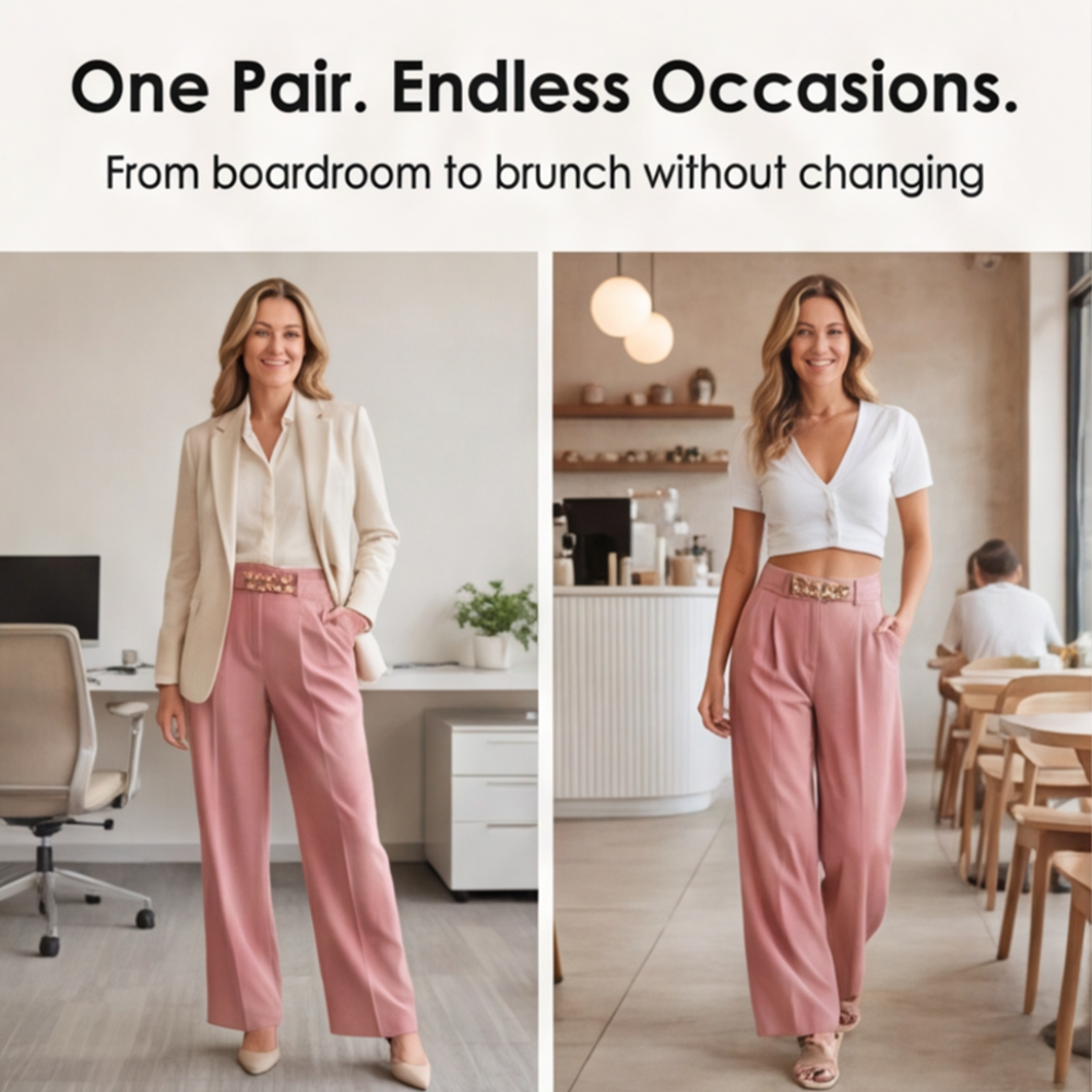 Florena Wide Leg Trousers | High Waist with Gold Chain Accent