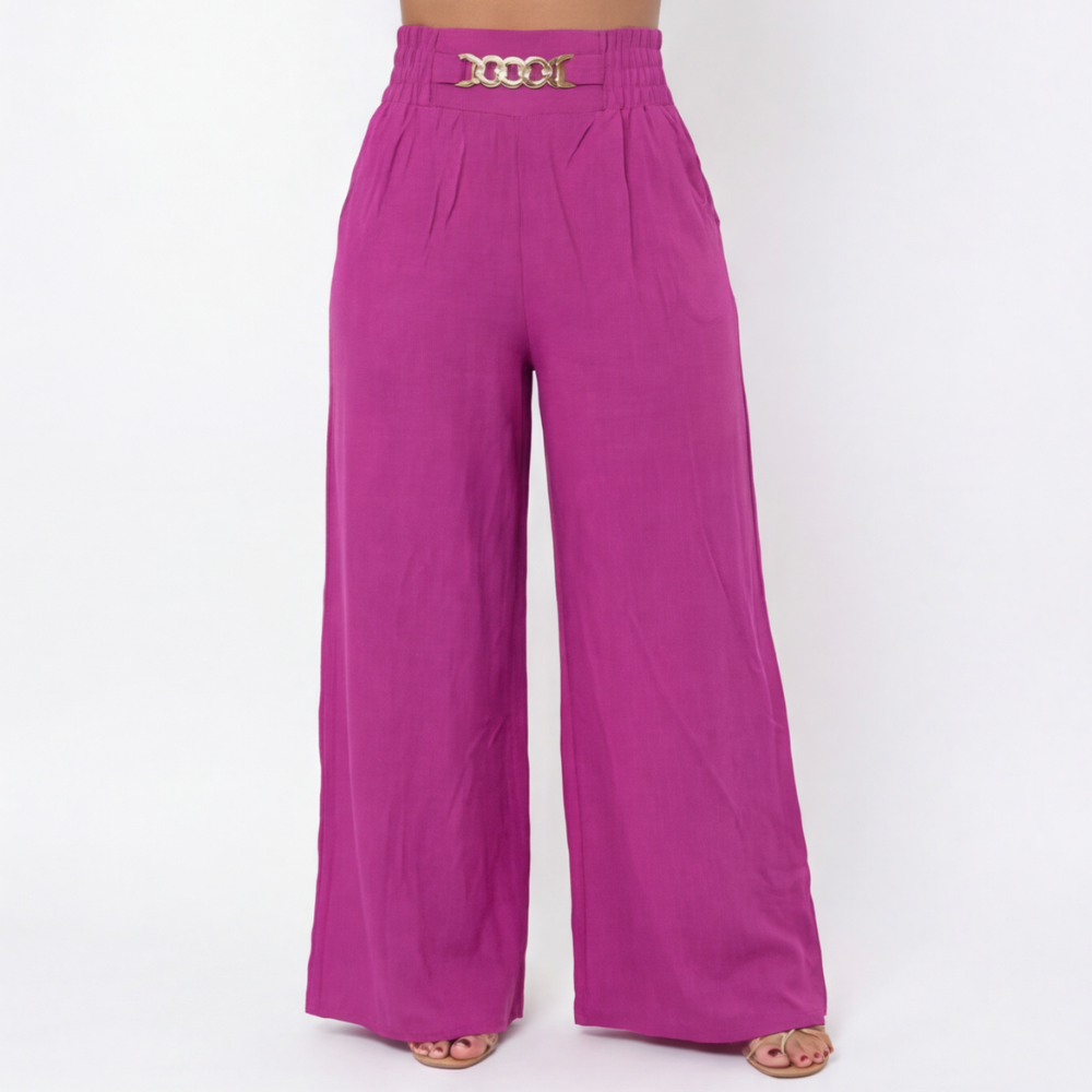 Florena Wide Leg Trousers | High Waist with Gold Chain Accent
