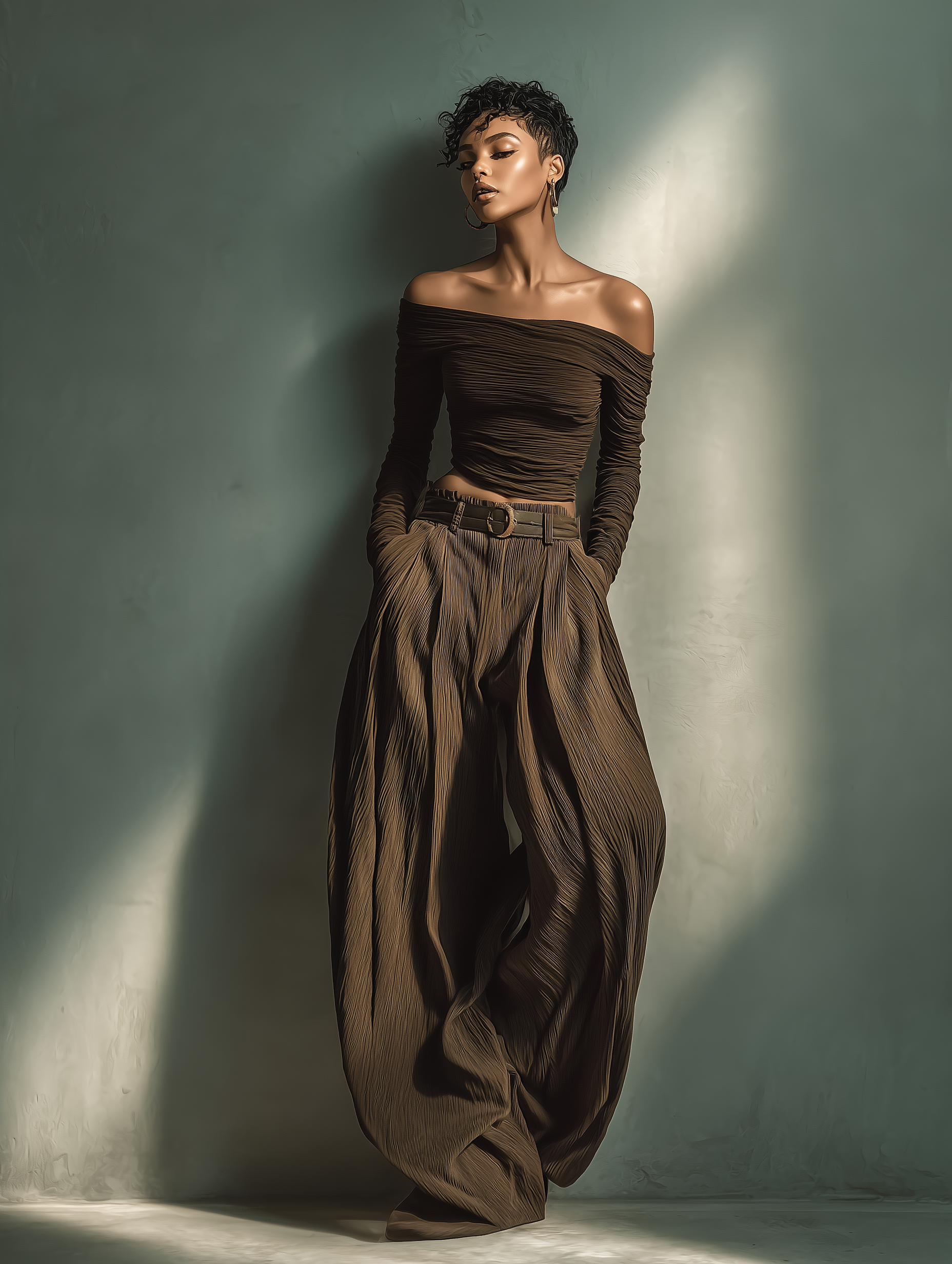 Women's Fashionable And Sexy Dark Brown Off-the-shoulder Long-sleeved Fitted Top Paired With Matching Wide-leg Trousers (belt Not Included) MDA1455K9AN