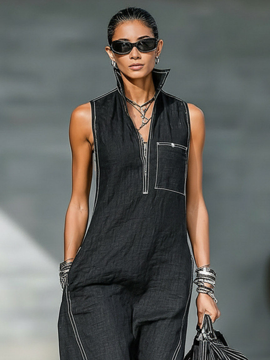 Women's Minimalist Loose-fitting White Trim Sleeveless Jumpsuit MDA3086L9Y