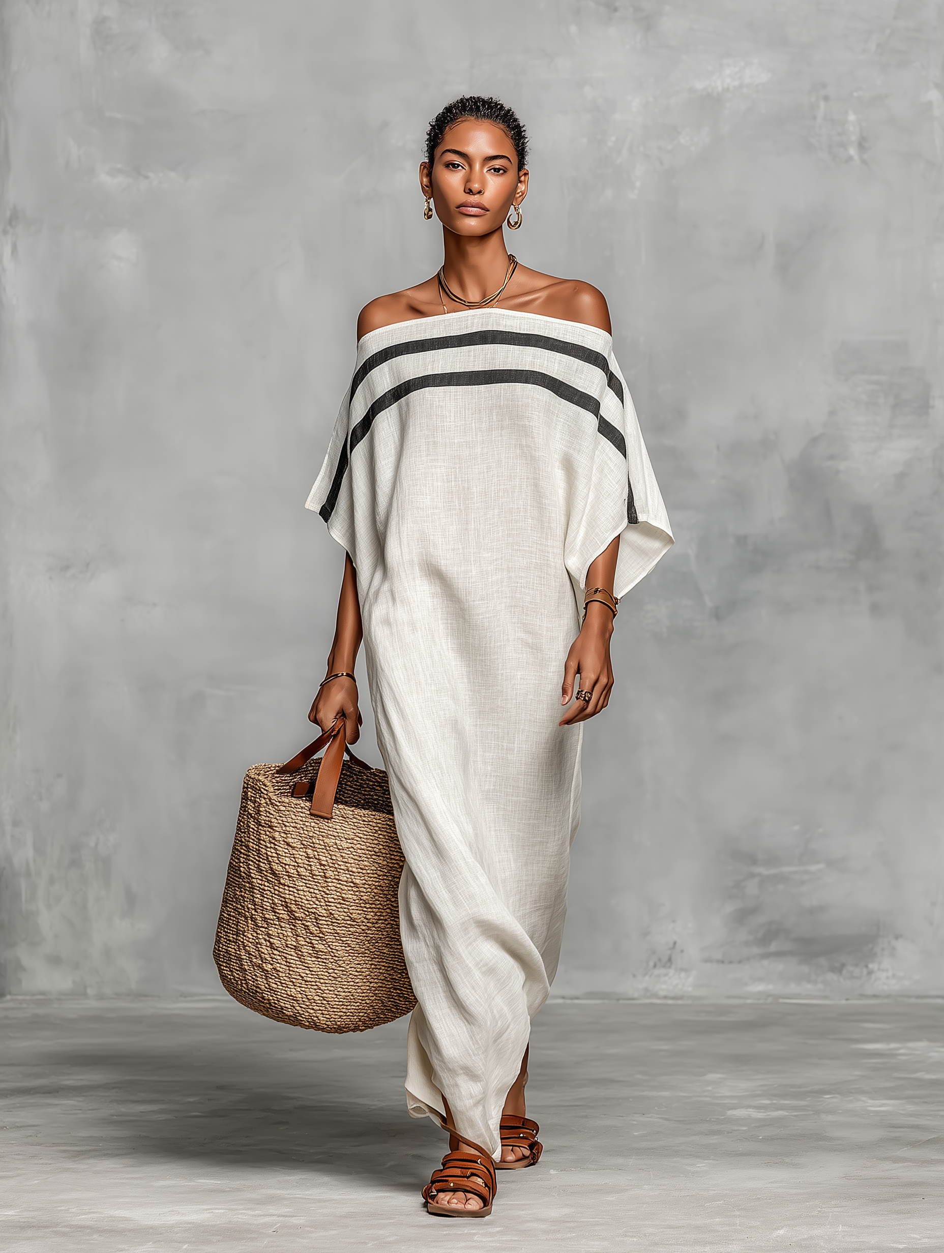 Women's Minimalist Linen Blend Off-the-shoulder Batwing Sleeve Straight-cut Maxi Dress MDZ0949A8Y