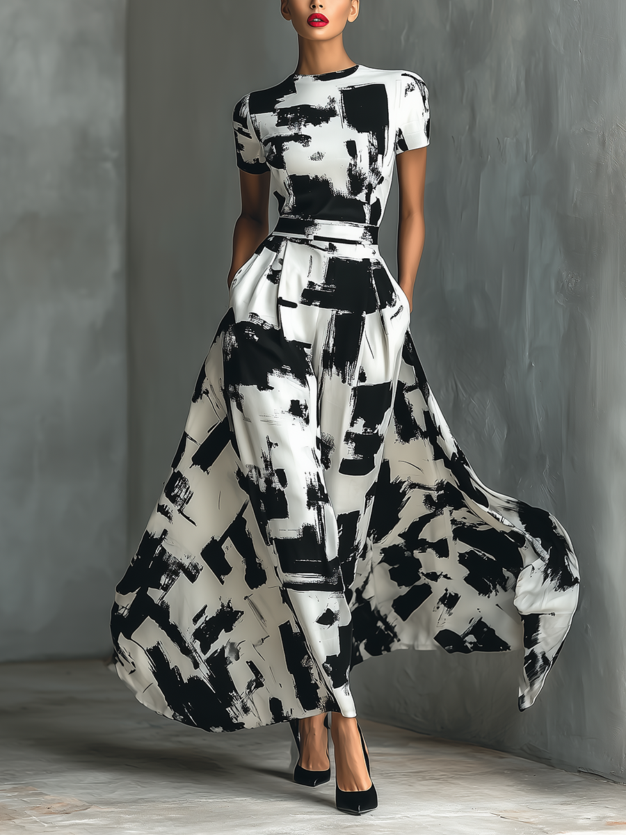 Women's Abstract Print Short Sleeve Maxi Dress MDA2452G9T