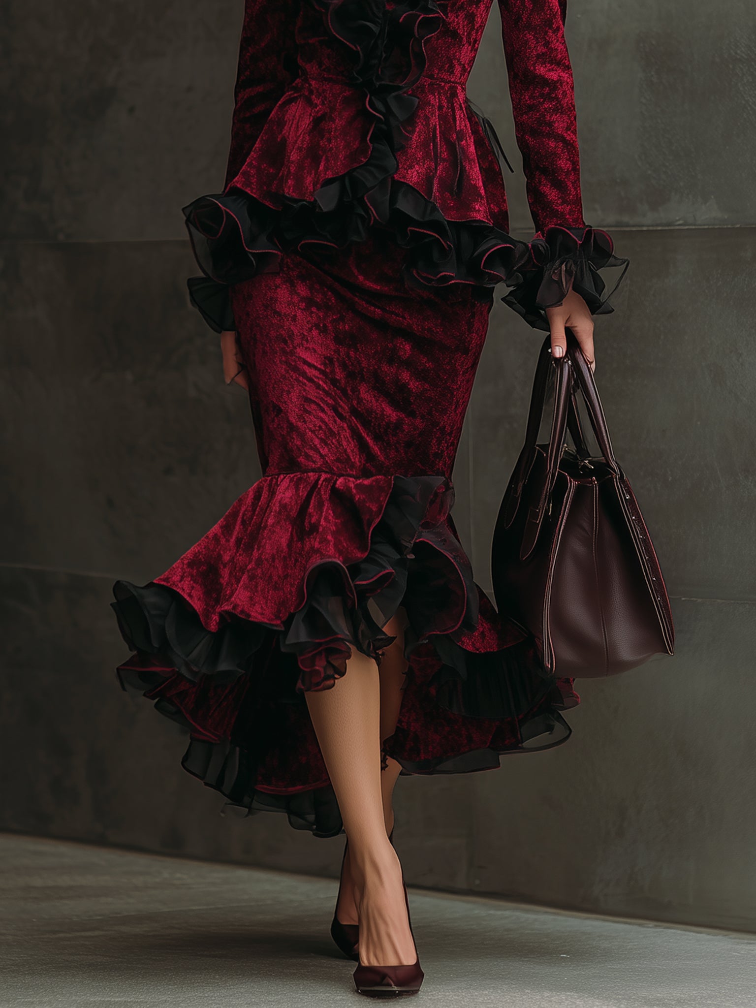 Burgundy Velvet Ruffle Chiffon Long Sleeve Midi Dress