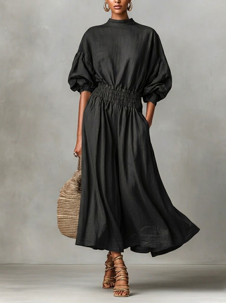 Casual Waist-cinching Linen And Cotton Dress