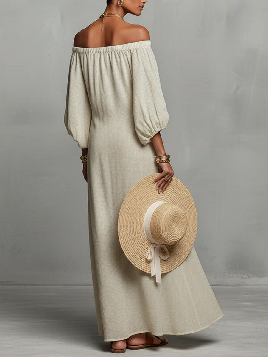 Women's Round Neck Long Sleeve Casual Loose Linen Dress