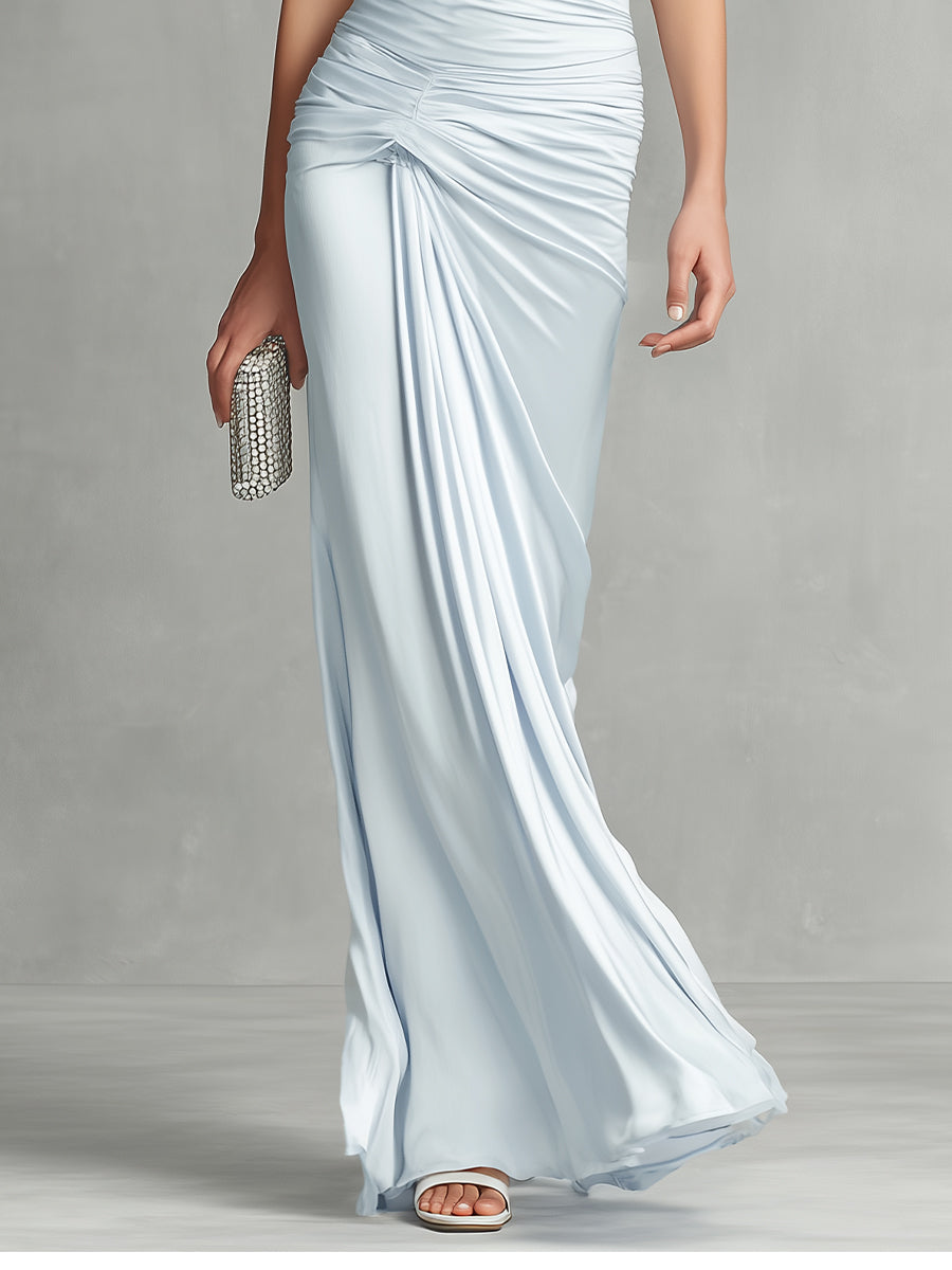 Women's Pale Blue Satin Elegant Dress With Halter Neck & Ruched Detail, Glamorous Evening Style Dress MDA3082K8I