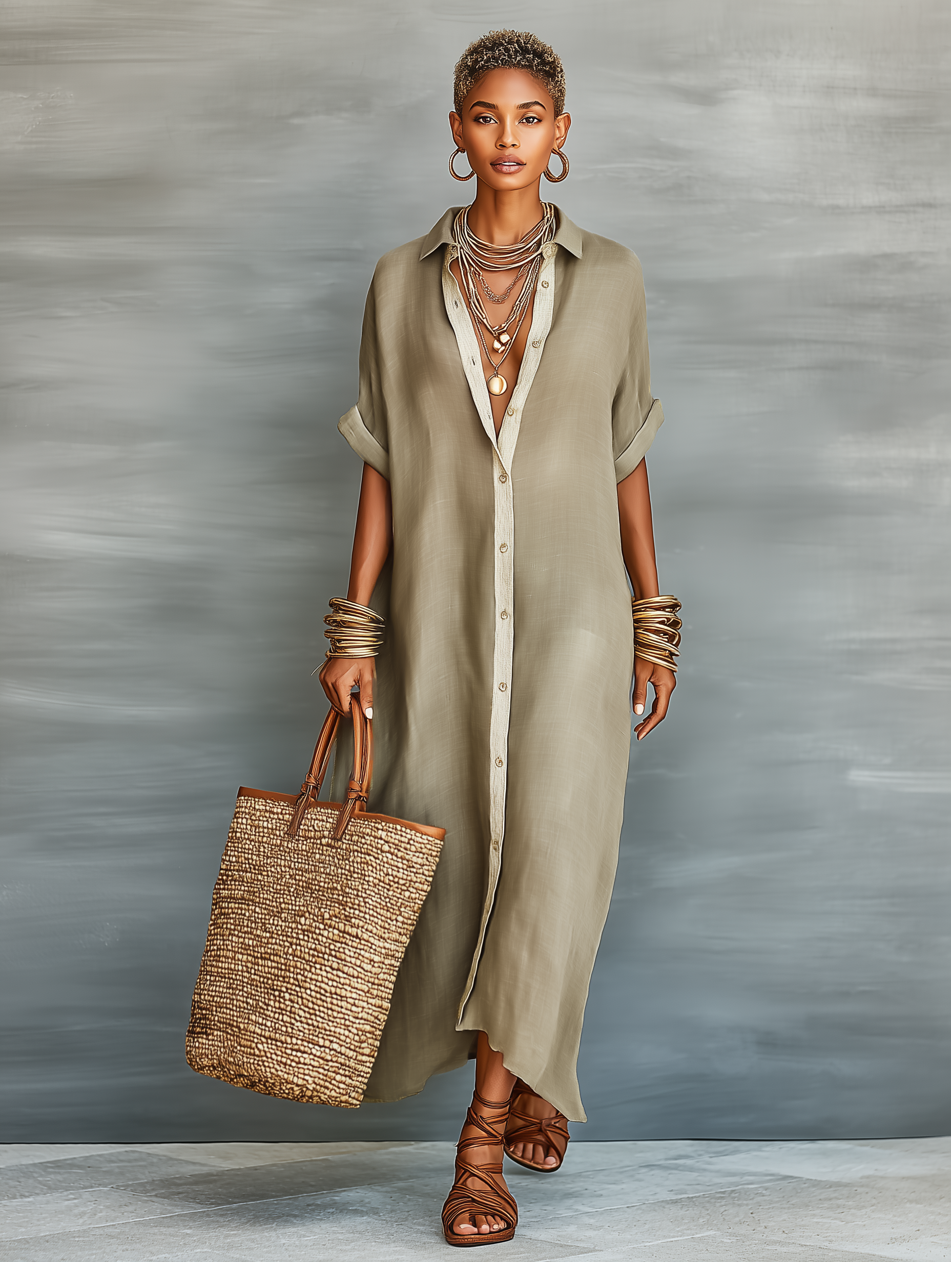 Women's Minimalist Linen Blend Short-sleeved Shirt Maxi Dress MDZ0647A2Y