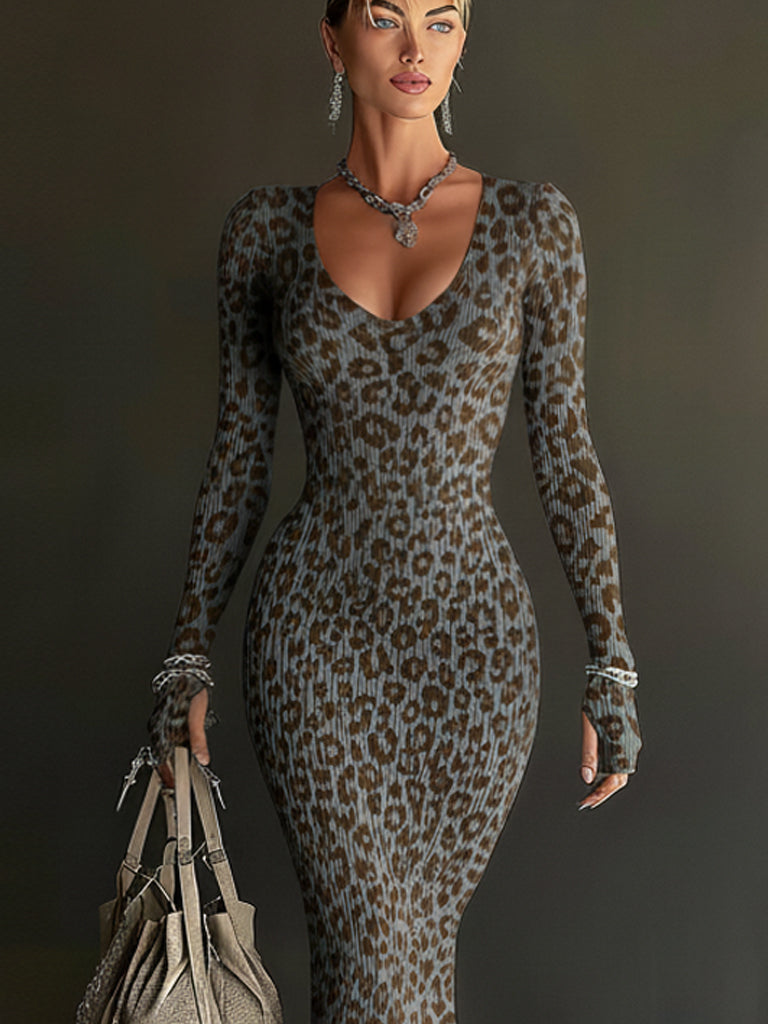 Blue  Leopard Print Knit Fringe Bodycon Dress