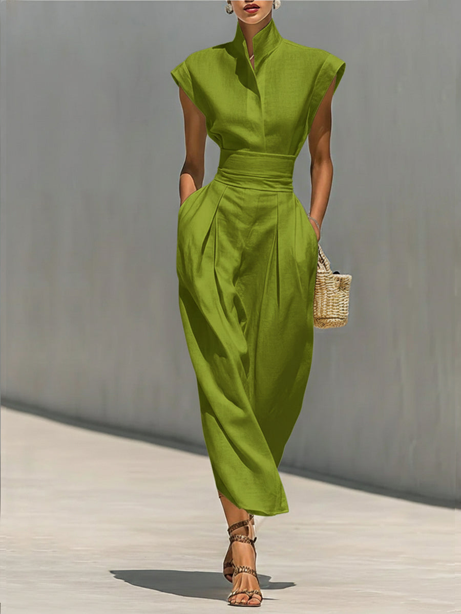 Waist-cinching Linen And Cotton Sleeveless Dress