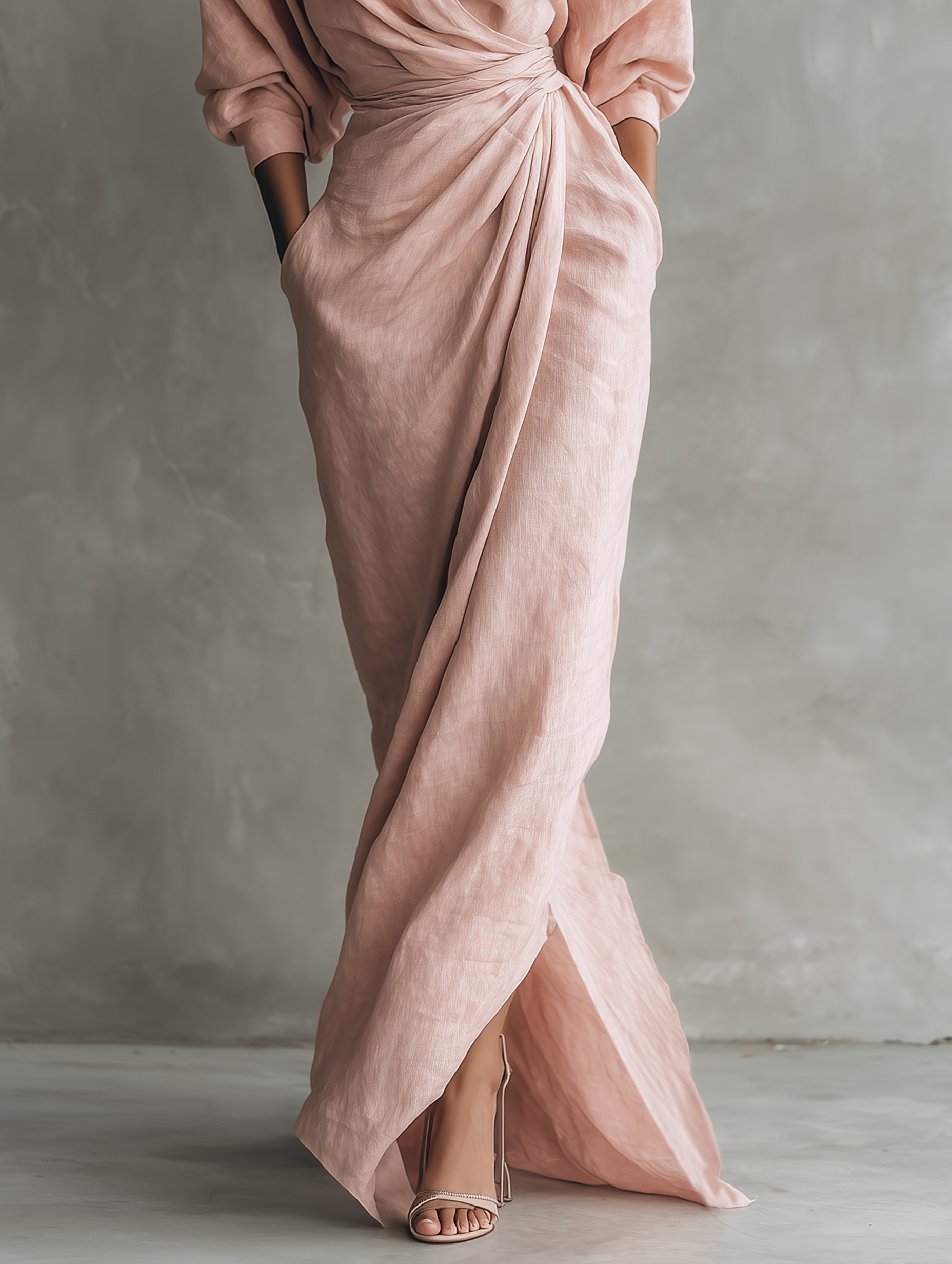 Women's  Pink Minimalist V-neck Linen Blend Maxi Dress MDA1655L0Y