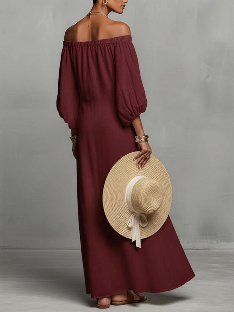 Women's Round Neck Long Sleeve Casual Loose Linen Dress
